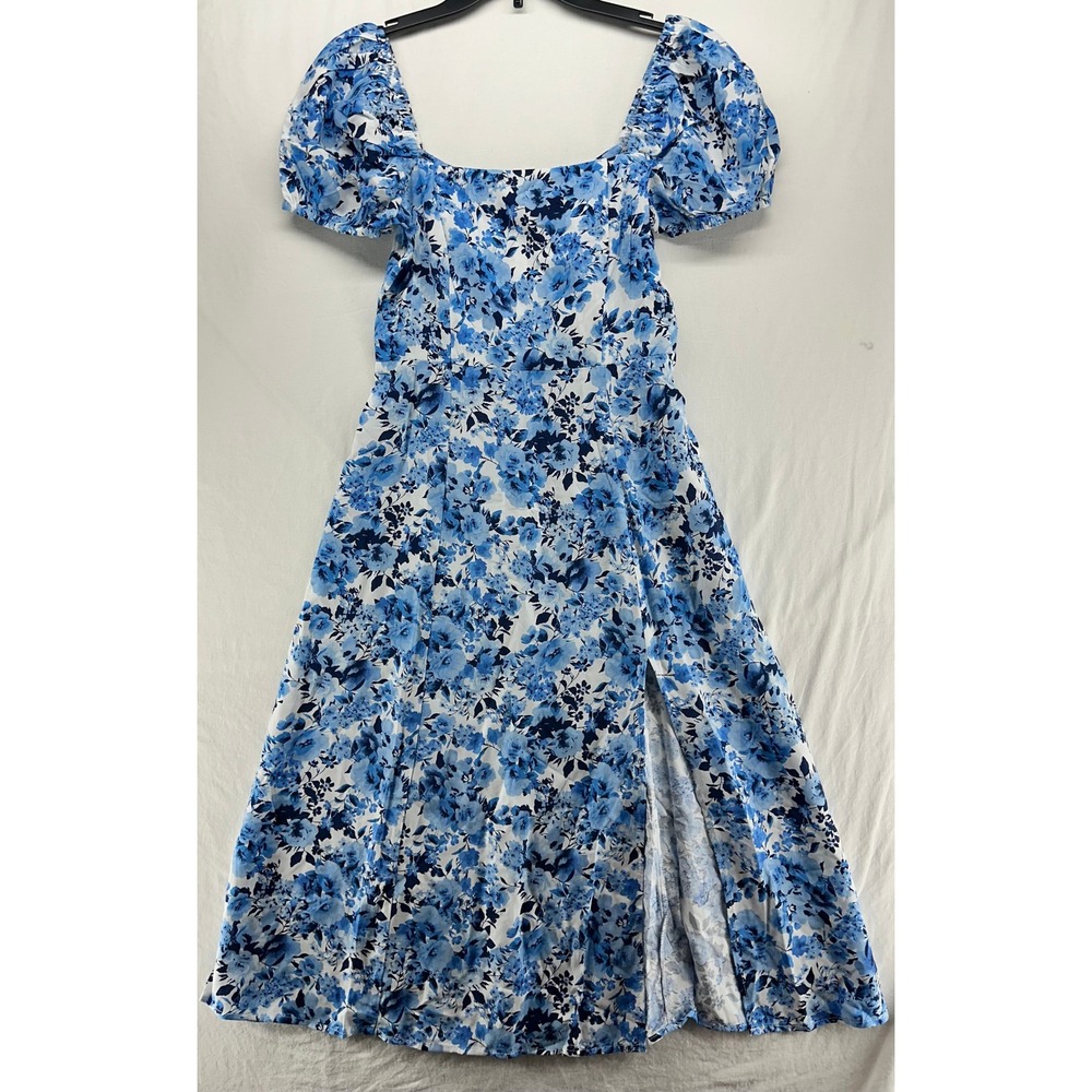 Francesca's Blue White Floral Puff Sleeve Smocked Midi Dress Slit Small NEW